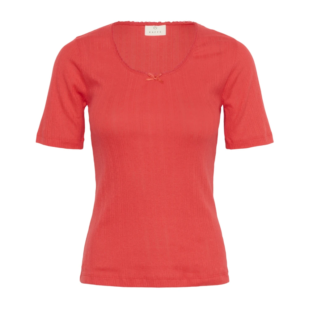 Kaffe Pointelle T-shirt Topp Hibiscus Red, Dam