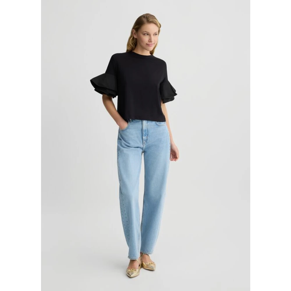 Liu Jo Zwarte katoenen T-shirt met taffeta ruches Black Dames