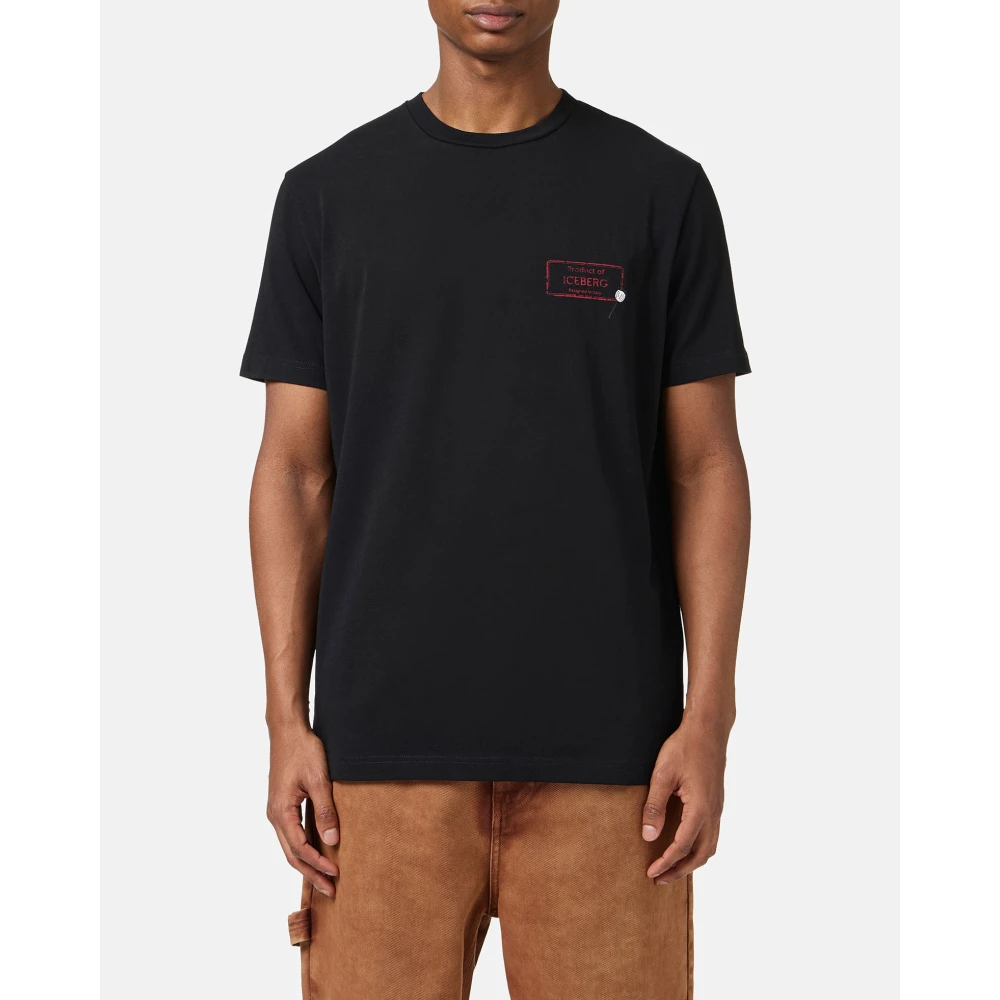 Iceberg Slim-fit zwart stretch katoenen T-shirt met Poppy-print Black Heren
