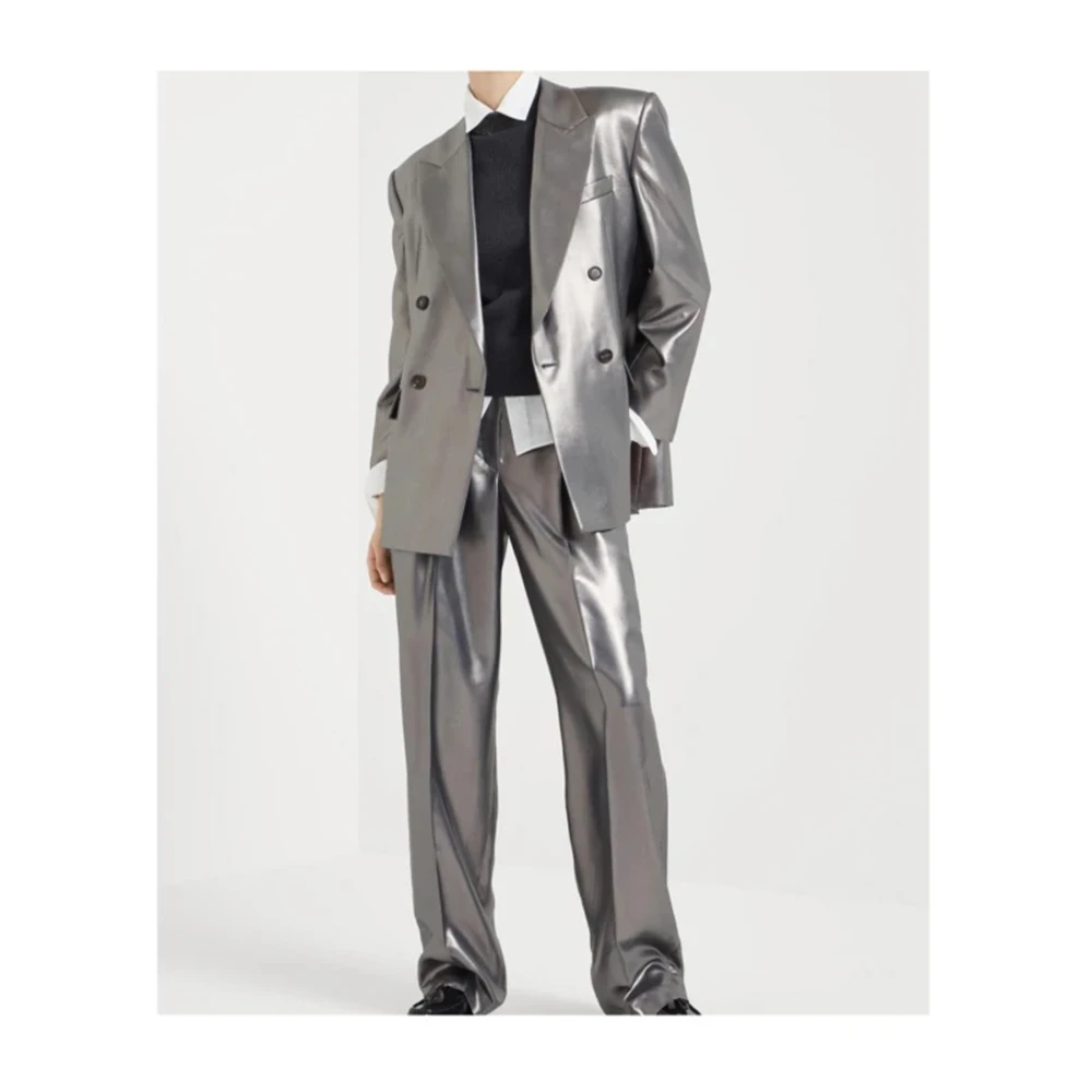 BRUNELLO CUCINELLI Metallic Twill Zijden Jas Gray Dames