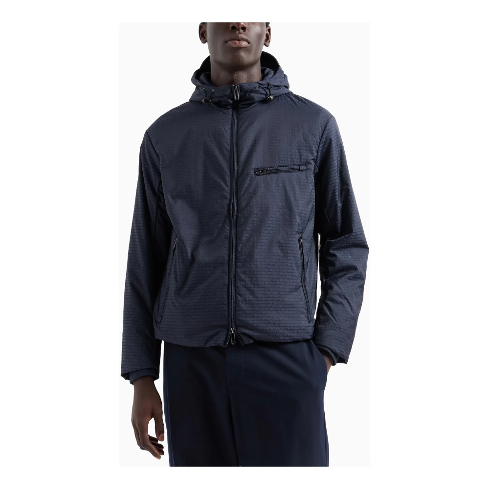 Emporio Armani Blauwe Jacquard Logo Hoodie Jas Blue Heren
