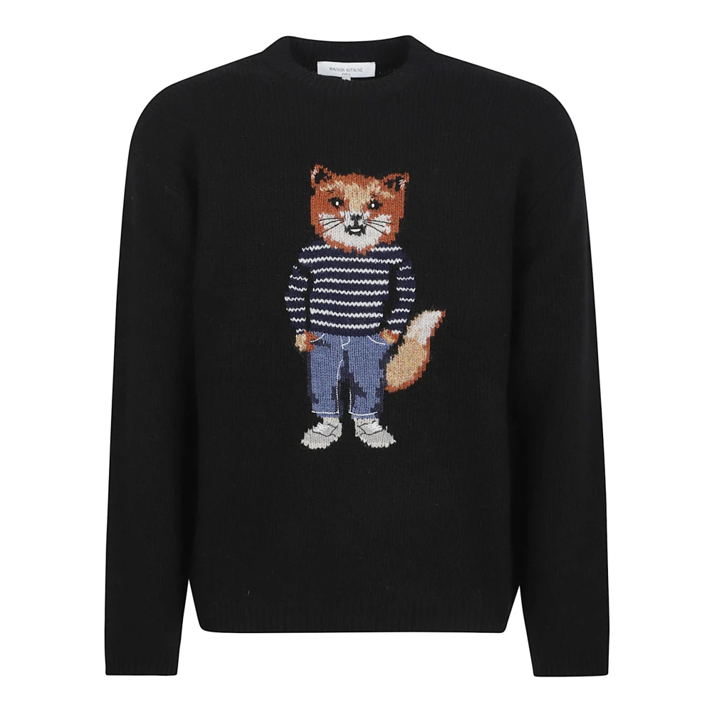 Maison Kitsuné Men's Black Round-Neck Knitwear, M, Dressed Fox Intarsia Wool Jumper