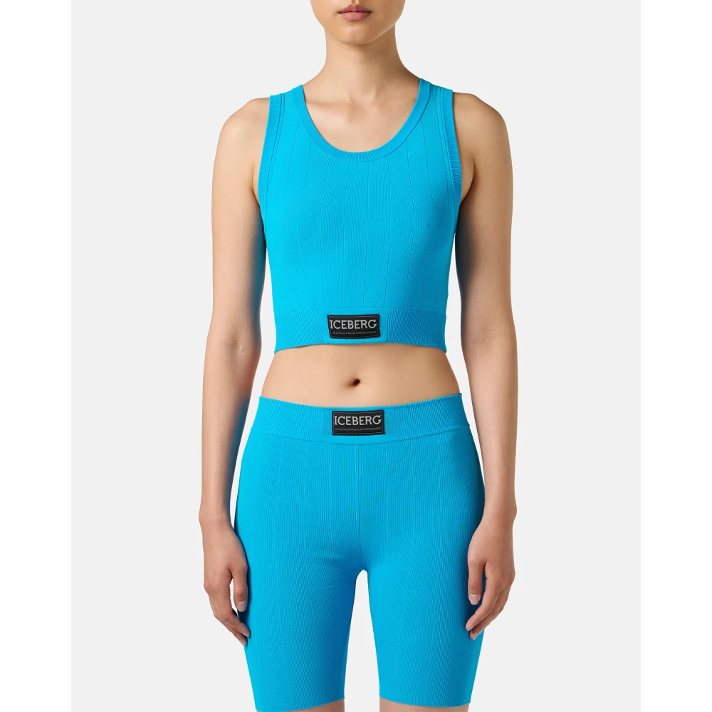 Iceberg Turquoise actieve top in geribbeld breisel met logo Blue Dames