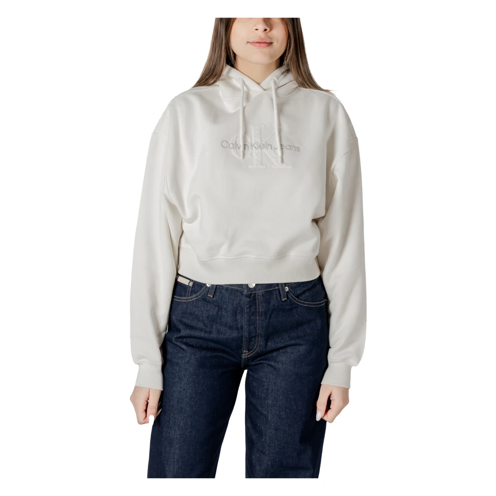 Calvin Klein Jeans Women's White Hoodies,, Hooded Cotton Sweatshirt Extra Small