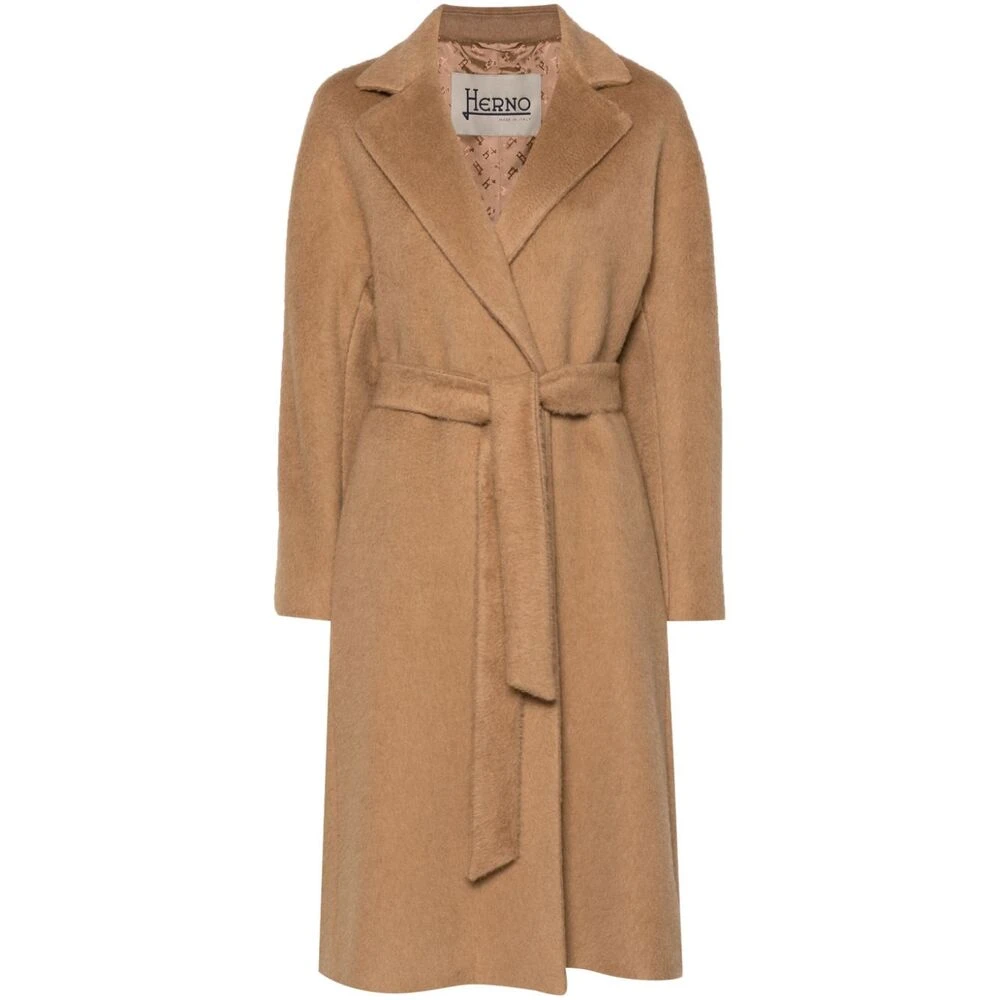 Herno Kameelbruine mantel met ceintuur en revers Beige Dames