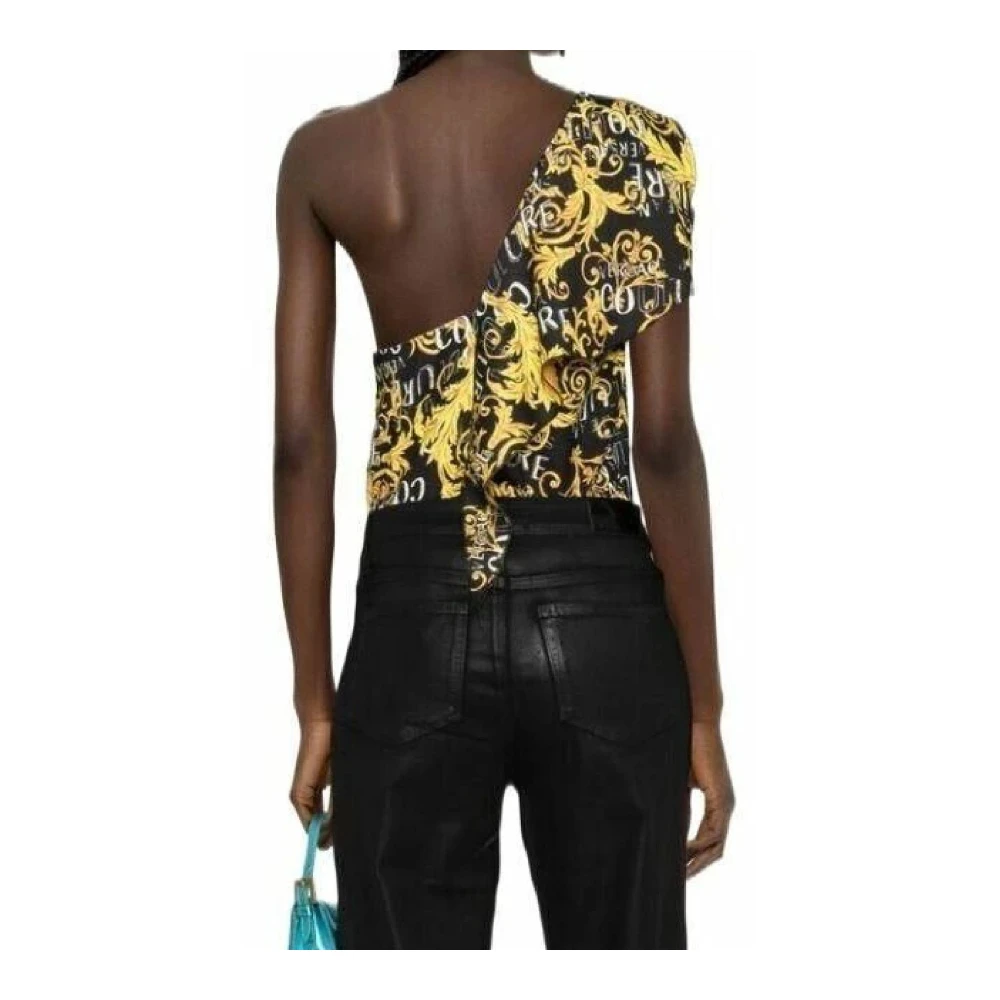 Versace Jeans Couture Nero Mouwloze Top met Gouden Logo Print en Ruffle Detail Yellow Dames