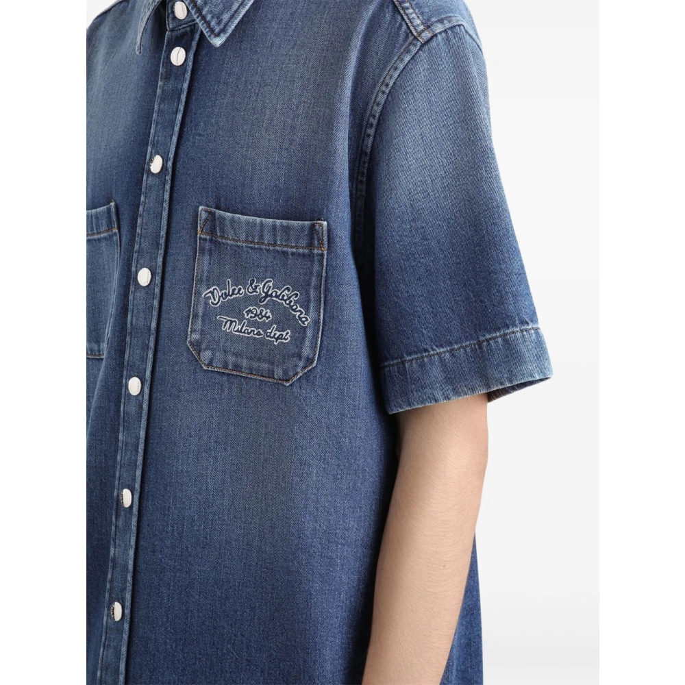 Dolce & Gabbana Blauw Voorknoopshirt Logo Print Blue Heren