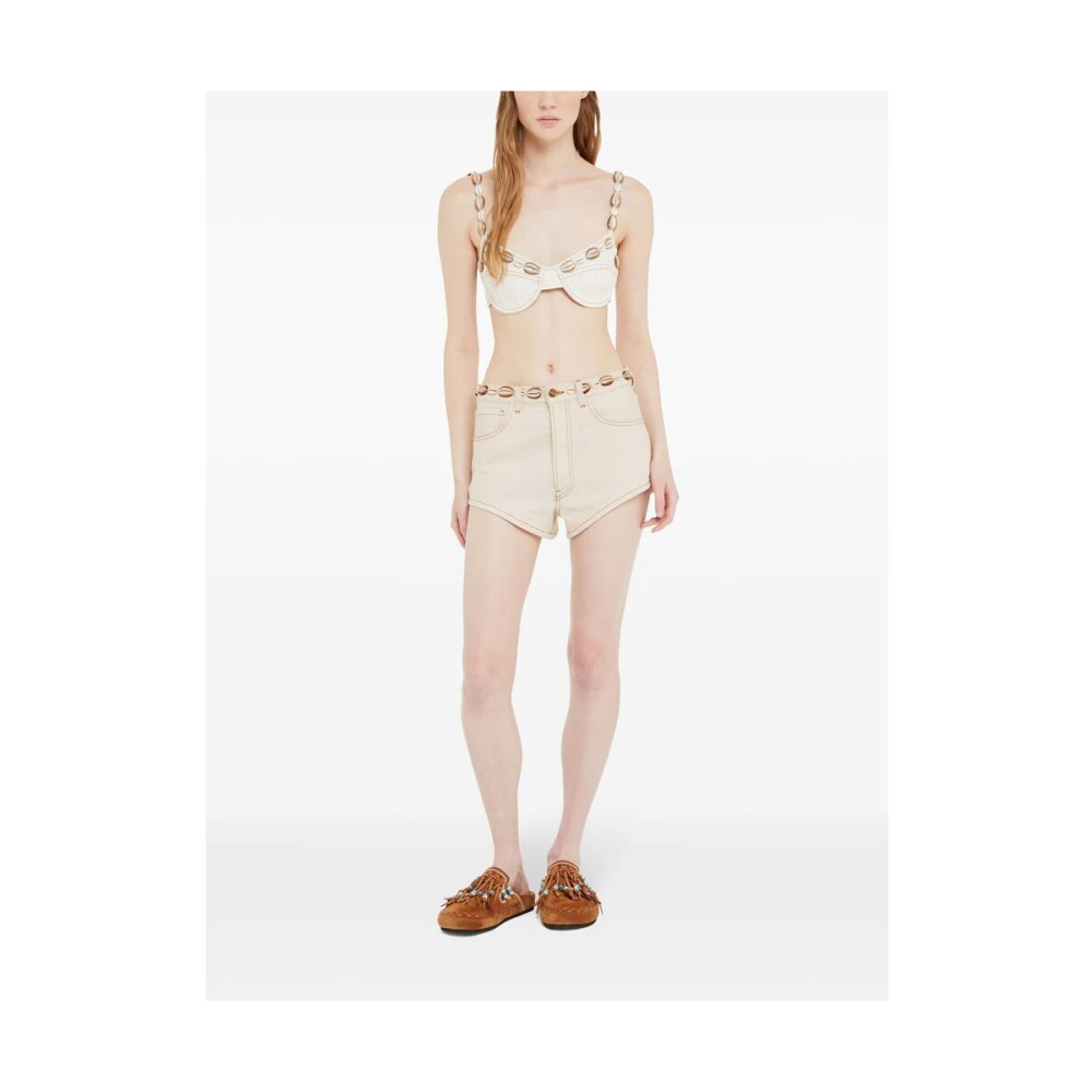 Alanui Witte Schelp Versierde Denim Shorts Beige Dames