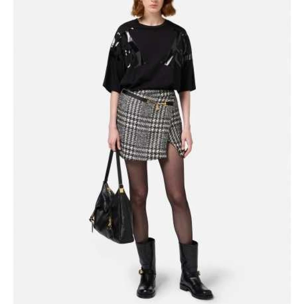 Elisabetta Franchi Zwart Wit Tartan Asymmetrische Rok Gouden Gesp Black Dames