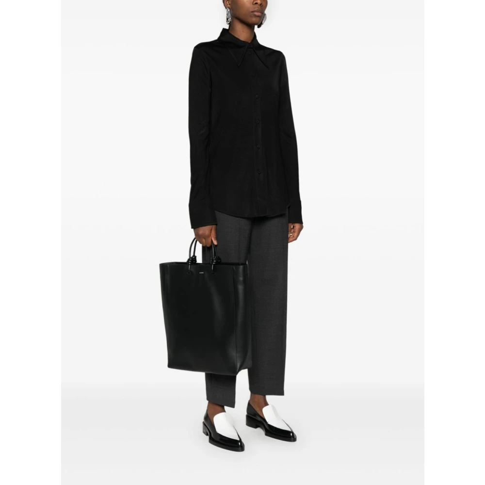 Jil Sander Zwarte Leren Tote Tas Knoopdetail Black Dames