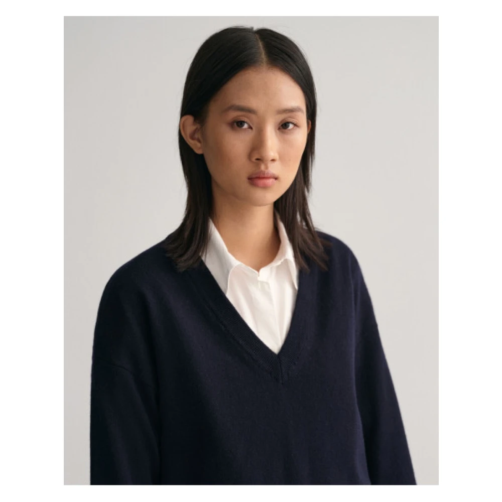 Gant Ultra Fijne V-hals Wollen Trui Blue Dames