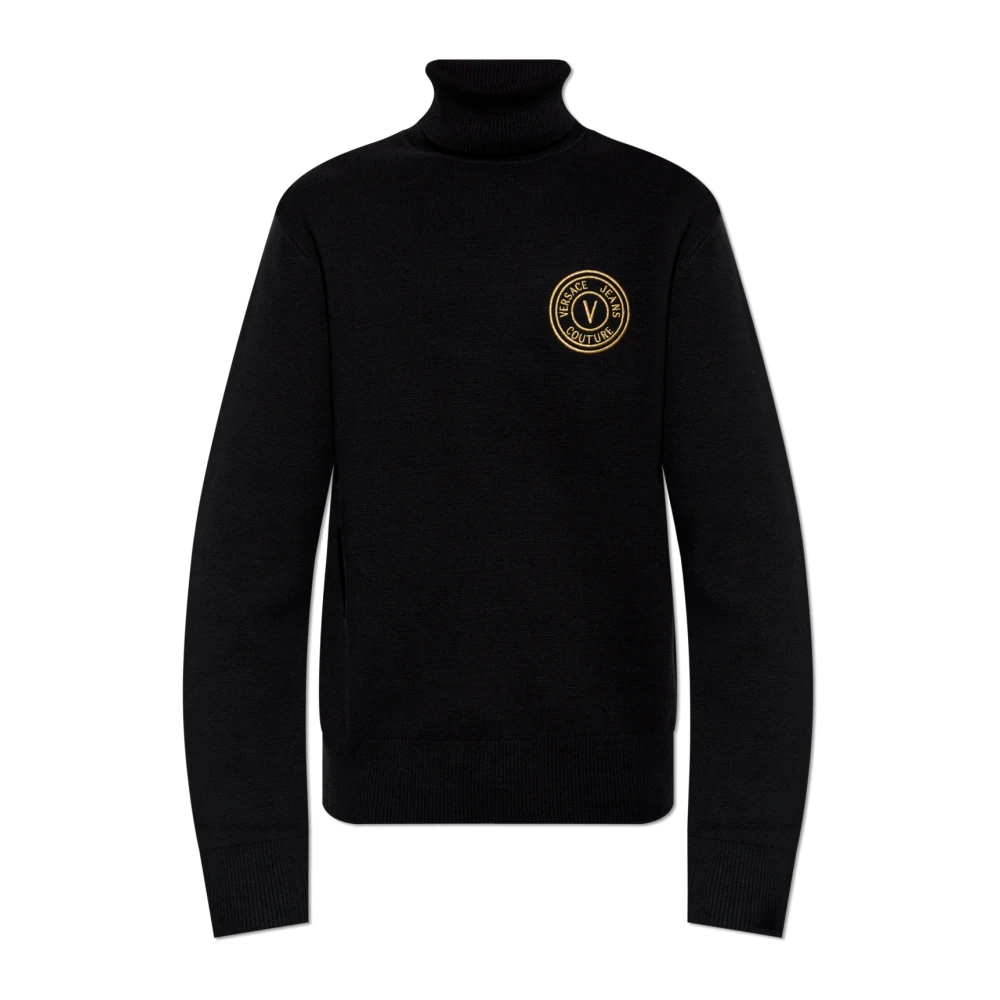 Versace Jeans Couture Zwarte trui met V-embleemlogo met hoge hals Black Heren