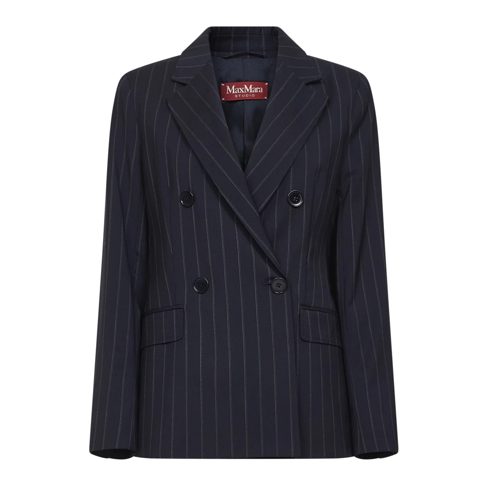 Max Mara Studio Women's Blue Double-Breasted Pinstripe Wool Blazer - Blazers - M - Jackets