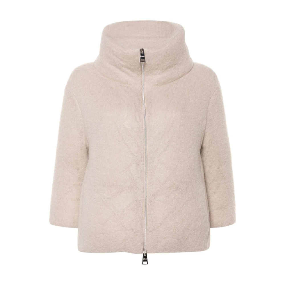 Herno Geborstelde Afwerking Gewatteerde Gebreide Jas Beige Dames