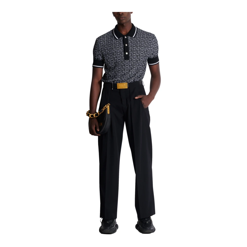 Balmain Labyrinth Knit Polo Shirt Black Heren