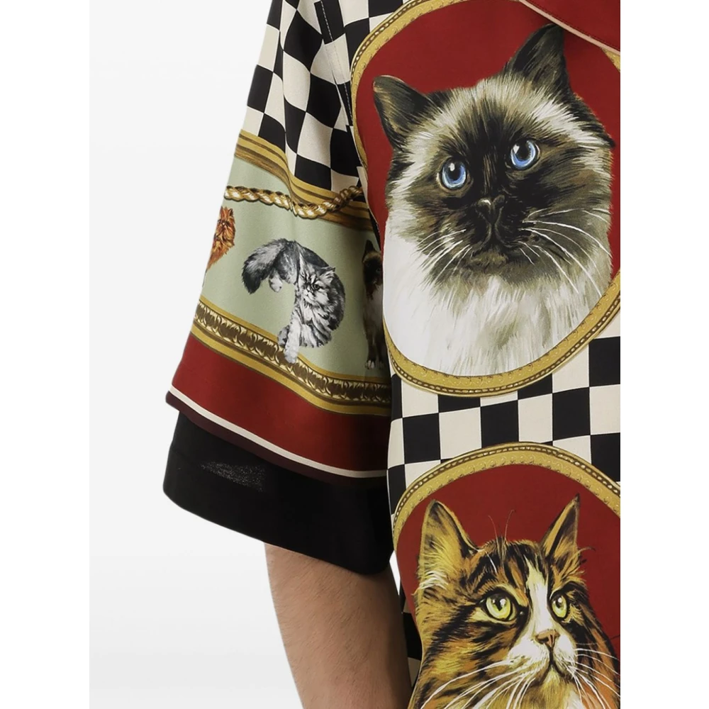 Dolce & Gabbana Multicolor zijden kattenprint bowling shirt Multicolor Heren