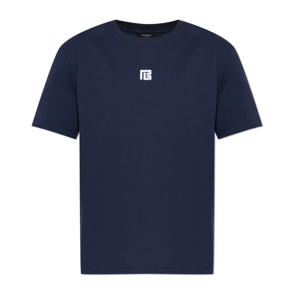 Balmain Blue T-Shirt With Embroidered Logo - Male - T-Shirts - M - Tops