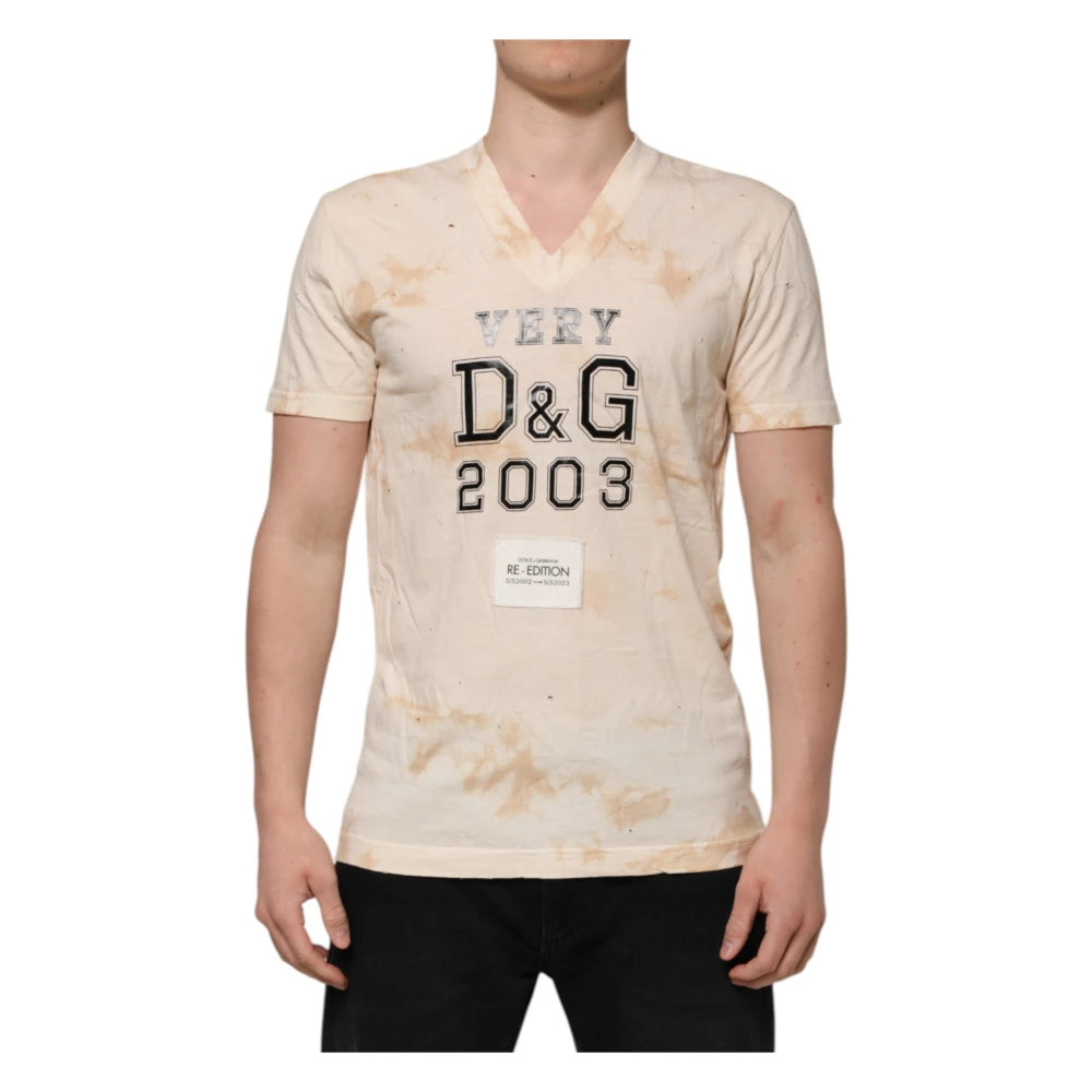 Dolce & Gabbana Beige Logo Print Short Sleeve V-neck T-shirt - IT50 | L - Image 2