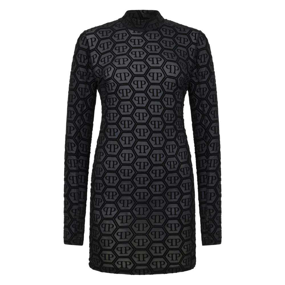 Philipp Plein Women's Black Tulle Long-Sleeved Mini Dress Monogram Strass