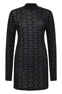 Tyll Mini Klänning med Lång Ärm Monogram Strass
