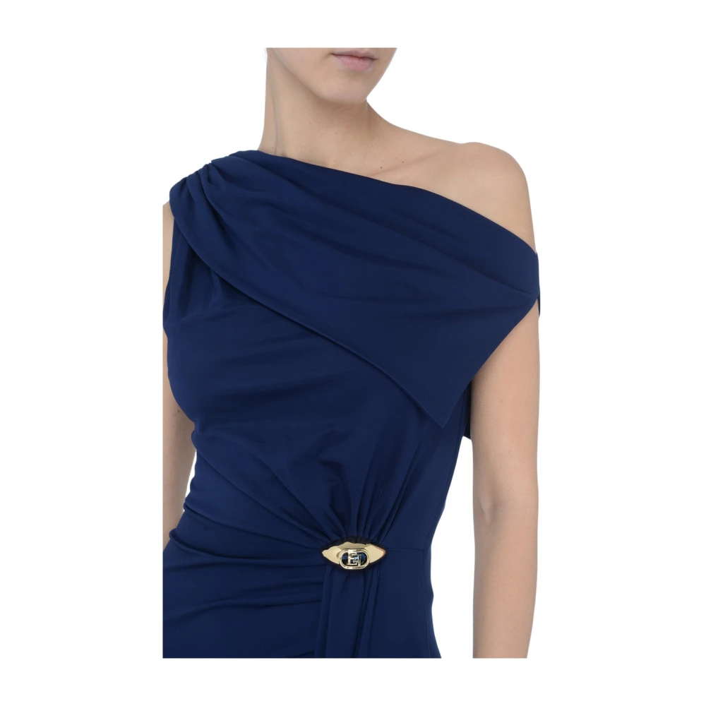 Elisabetta Franchi Blauwe Jersey Avondjurk met Asymmetrische Halslijn en Zijsplit Blue Dames