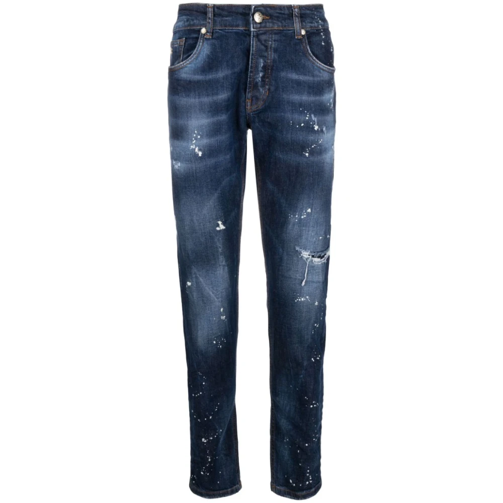 John Richmond Slim-Cut Paint-Splatter Denim Jeans Blue Heren