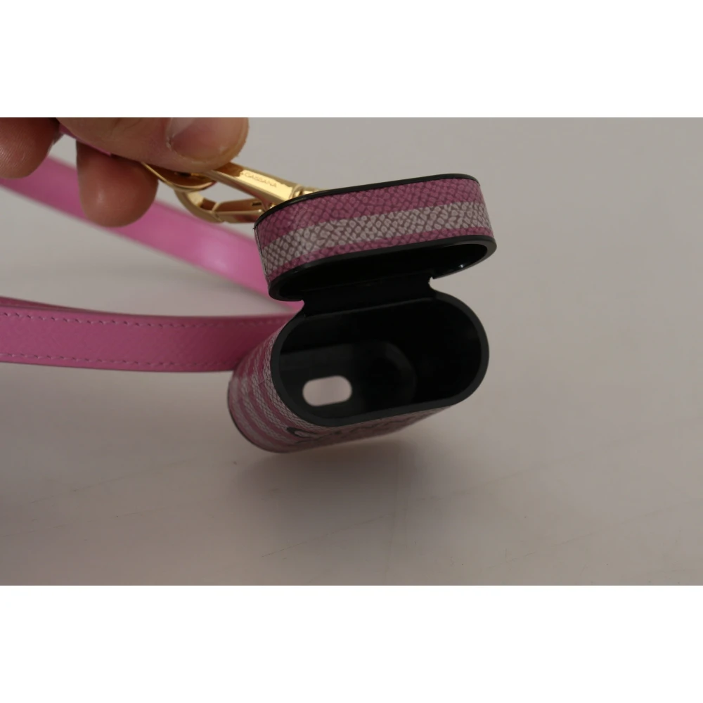 Dolce & Gabbana Roze Zwarte Leren Airpods Hoesje met Gouden Metalen Logo Pink Dames