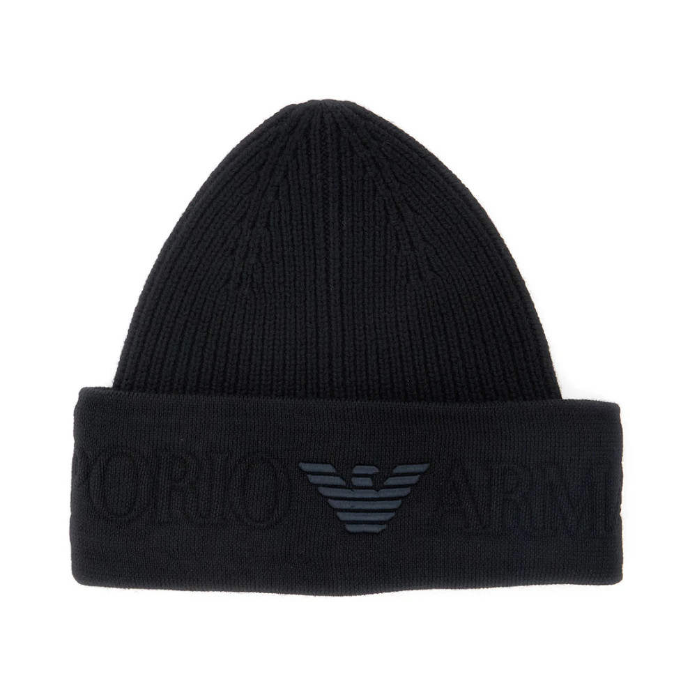 Emporio Armani Mannelijk Zwart Accessoires Heren, S, Wol, Wollen Beanie Met Logo Op De Rand