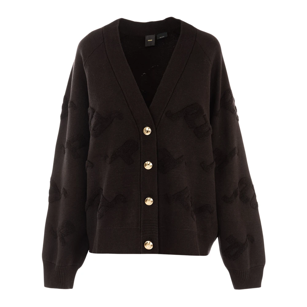 Pinko Jacquard Logo Boucle Cardigan med knappar Black, Dam