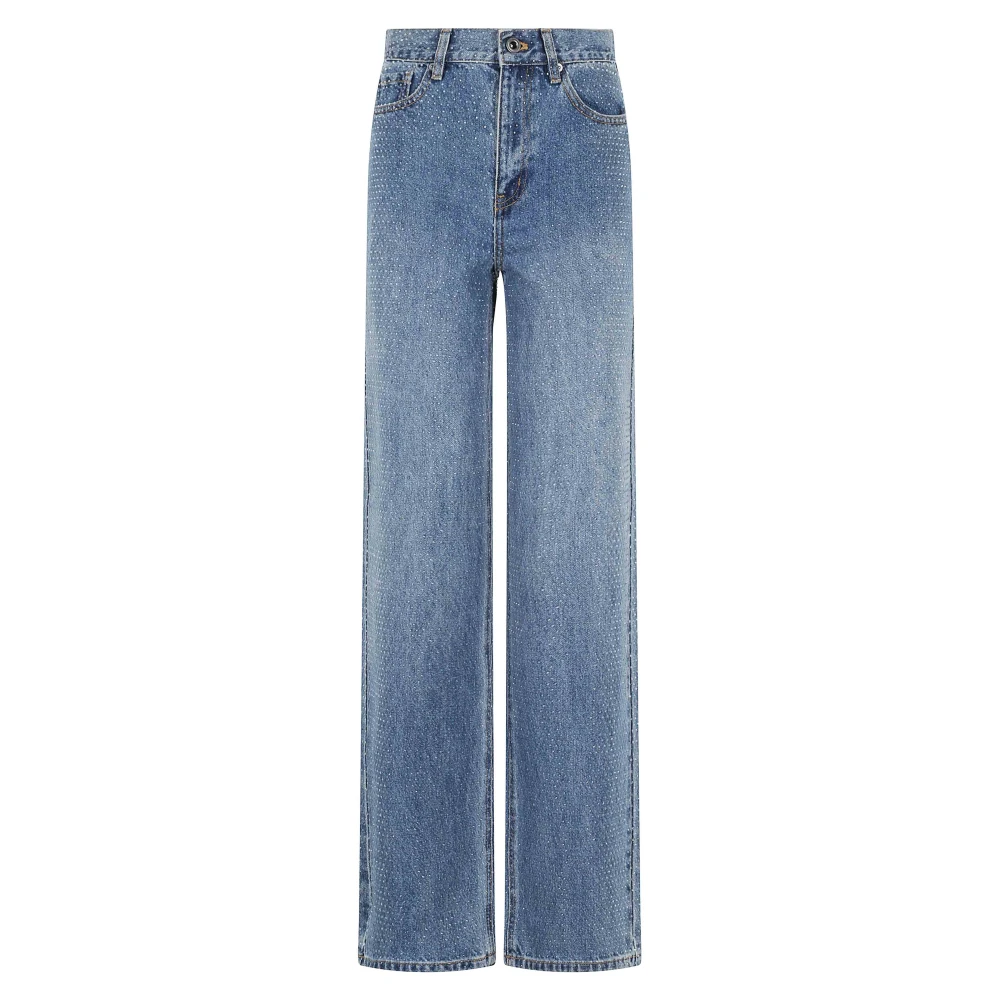 Self Portrait Blue Rhinestone Denim Straight Leg Jeans - Female - Straight Fit Jeans - W28 - Jeans