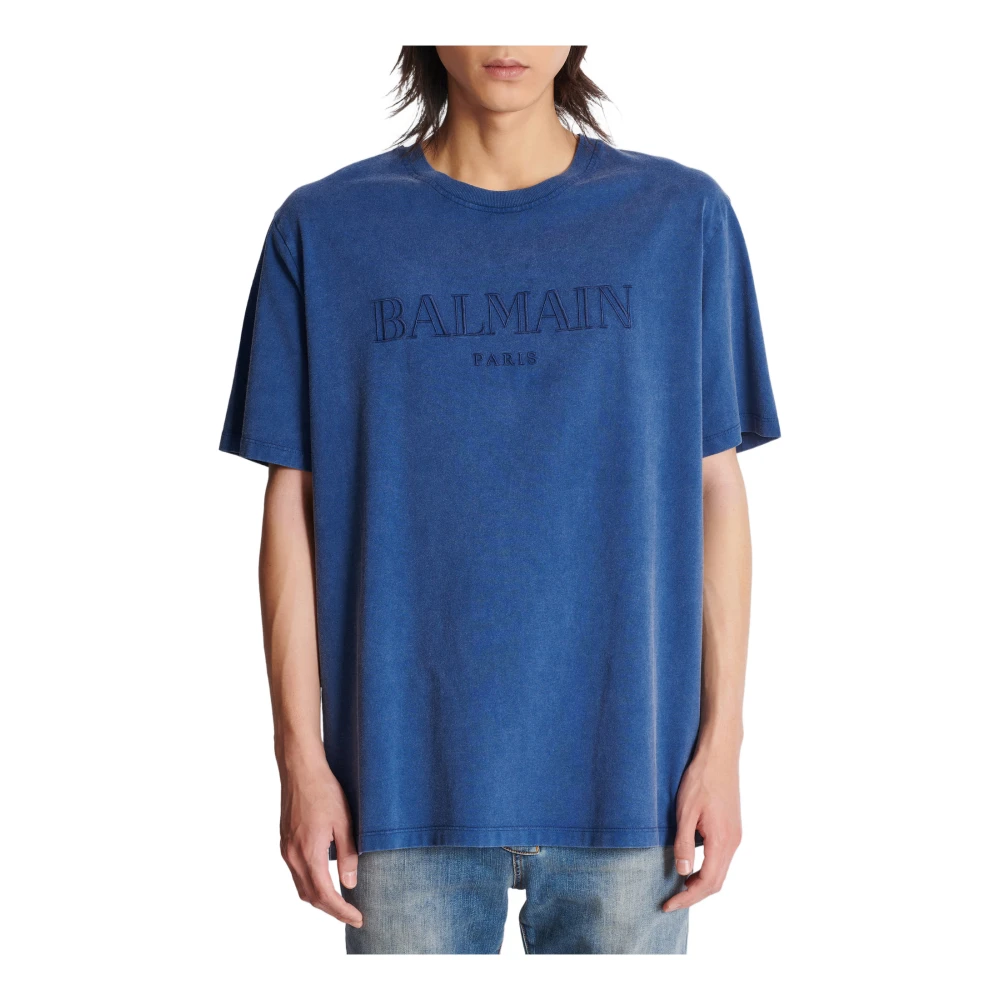 Balmain Los T-shirt met vintage borduurwerk Blue Heren