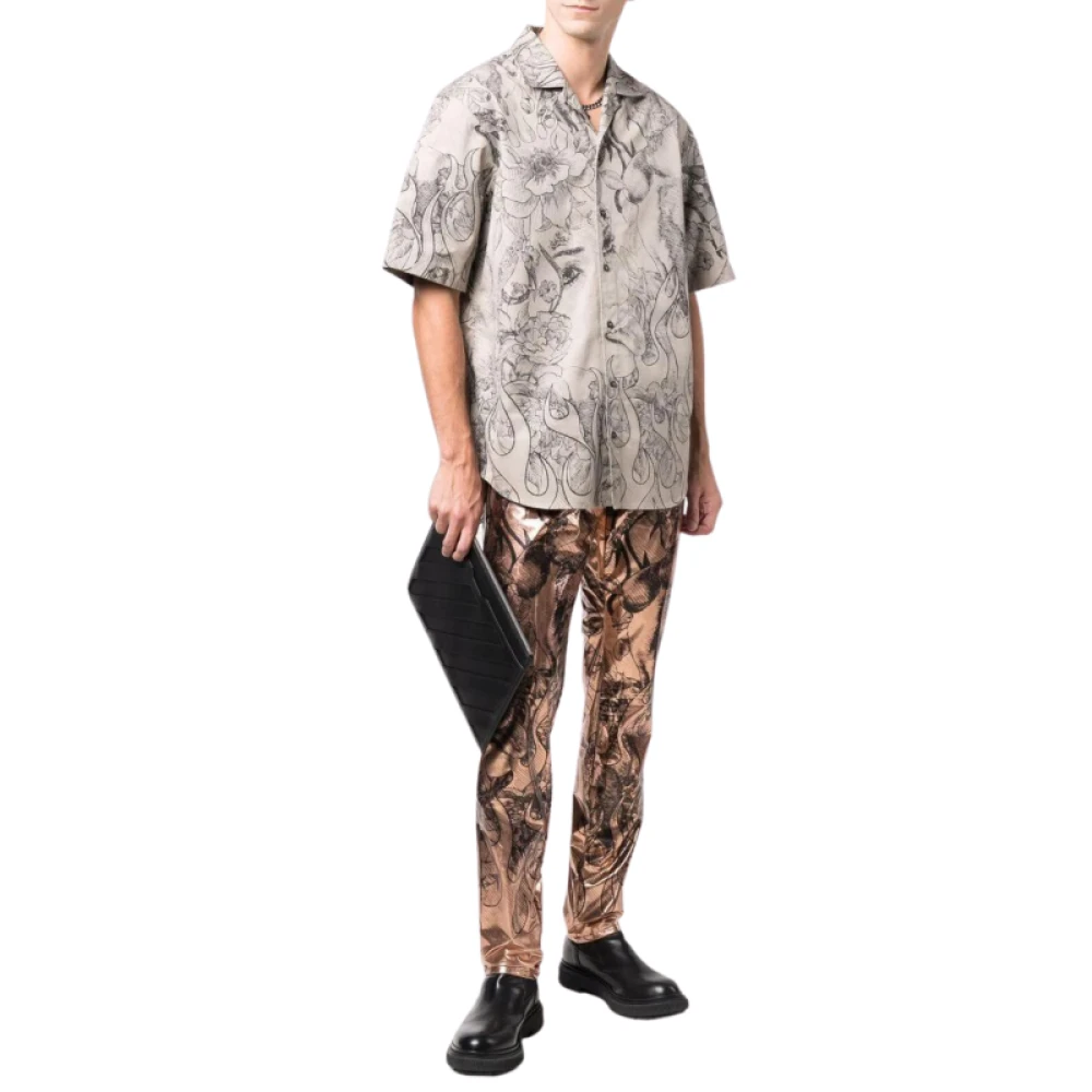 Dsquared2 Katoenen overhemd met korte mouwen en zwarte bloemenprint Beige Heren