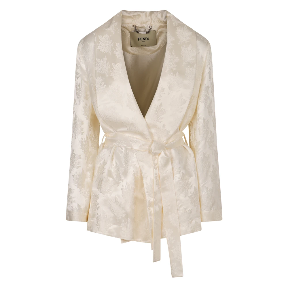 Fendi Damen Weiß Seiden Jacquard Jacke Mit Taillengürtel