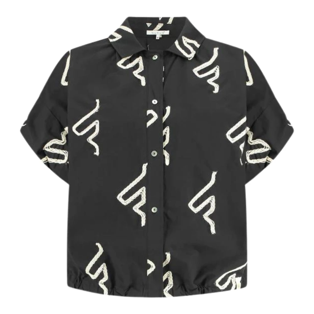 NUKUS blouse Catalina met all over print en borduursels zwart zand