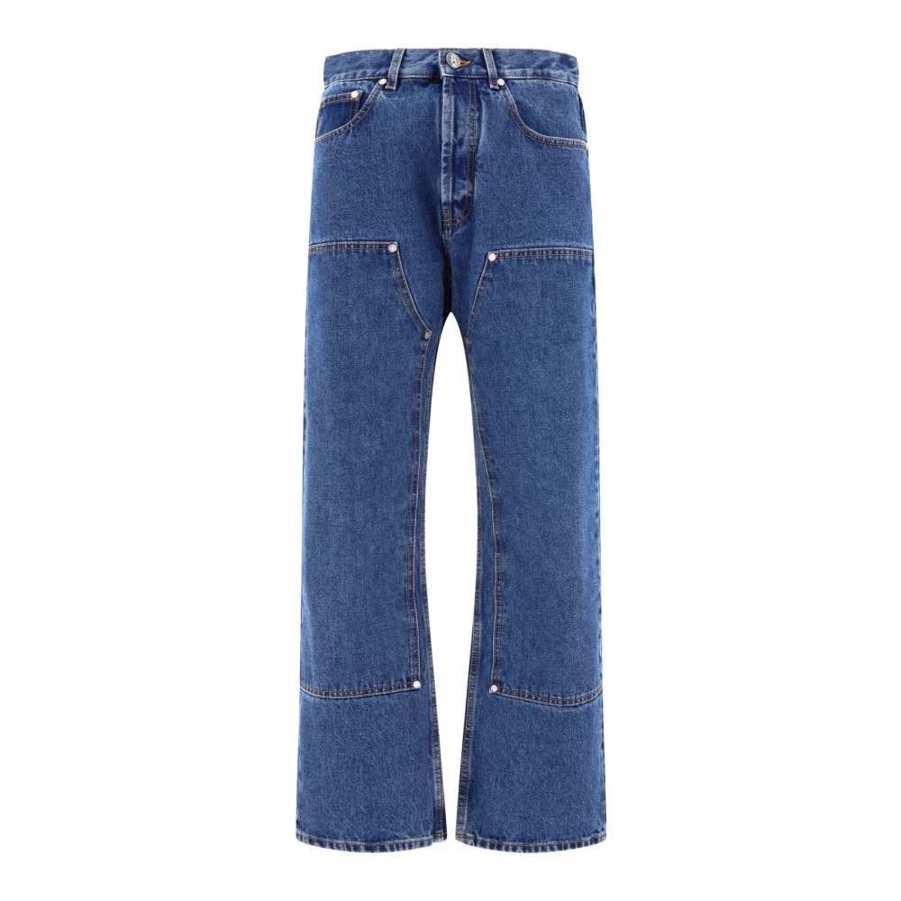 Palm Angels Blauwe Denim Jeans met Contraststiksels en Patchdetail Blue Heren