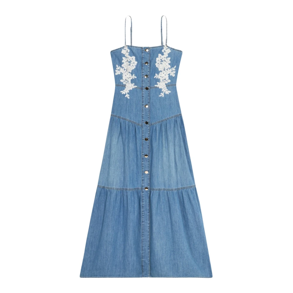 Oltre Bloemen Geborduurde Denim Jurk Blue Dames