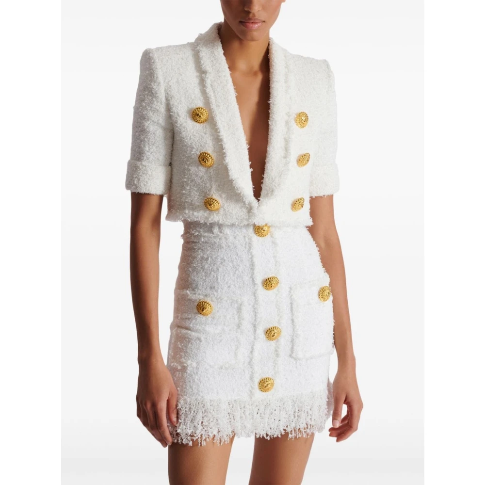 Balmain Witte Tweed Cropped Pullover met V-Hals White Dames