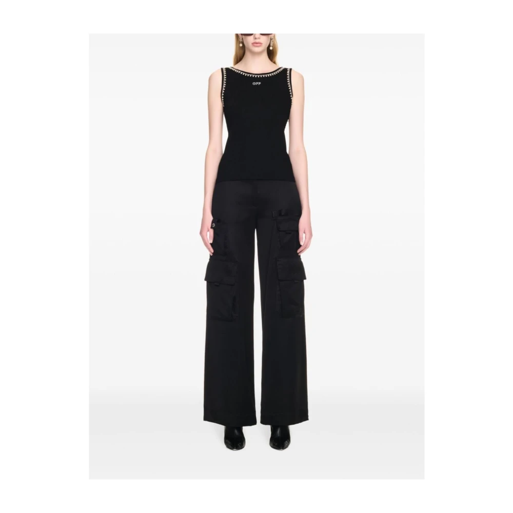Off White Zwarte Geribbelde Gebreide Top met Logo Black Dames
