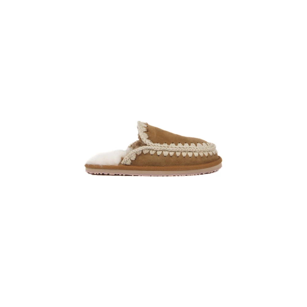 Mou Leren Slipper met Beige Stiksels Brown Dames