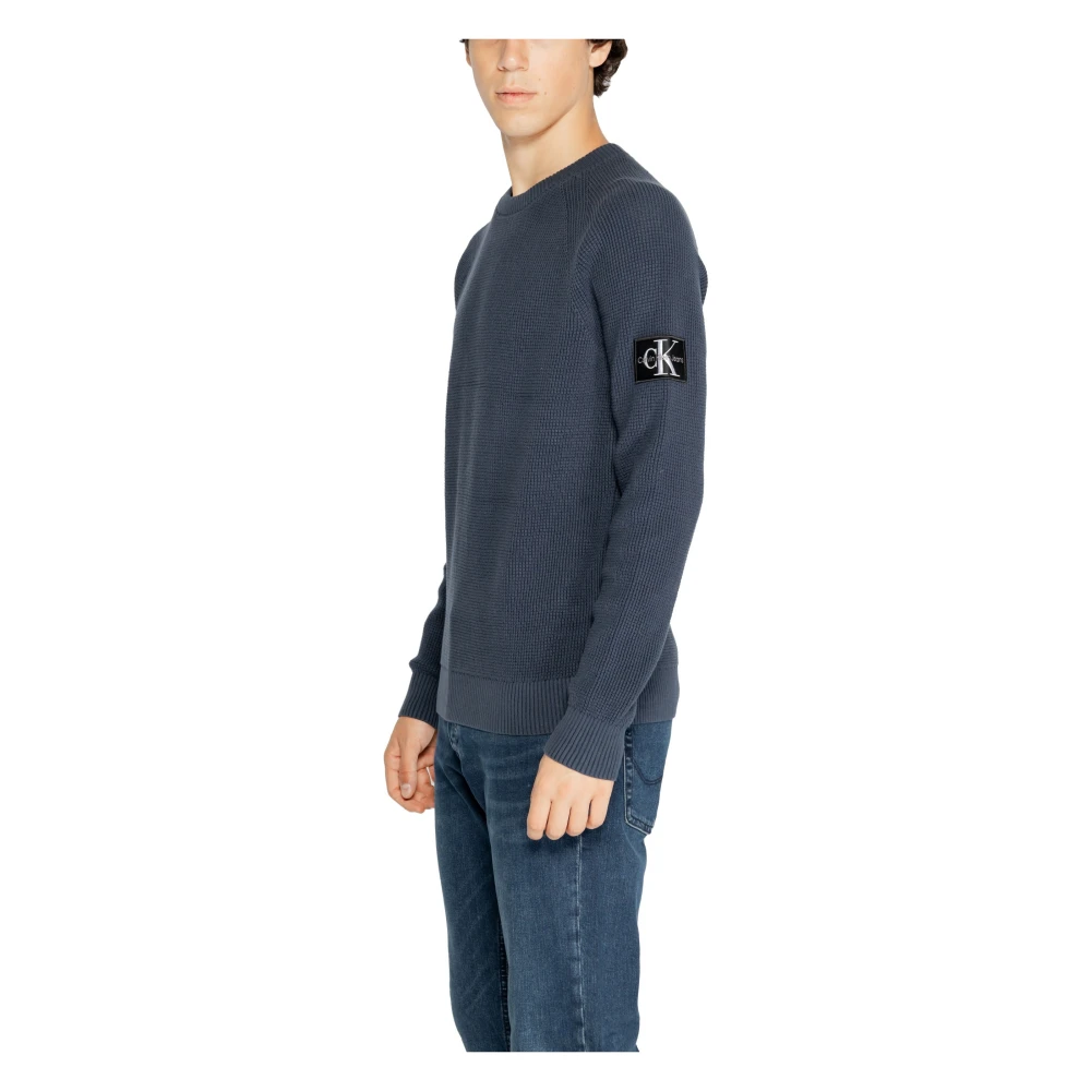 Calvin Klein Blauwe Bedrukte Gebreide Ronde Hals Trui Blue Heren