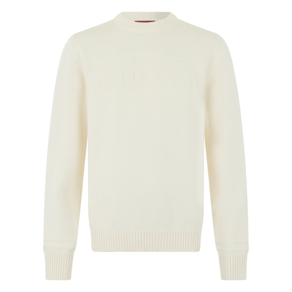 Gucci White Round-Neck Knitwear, Male, M, Knit Cotton Wool Jumper With Intarsia