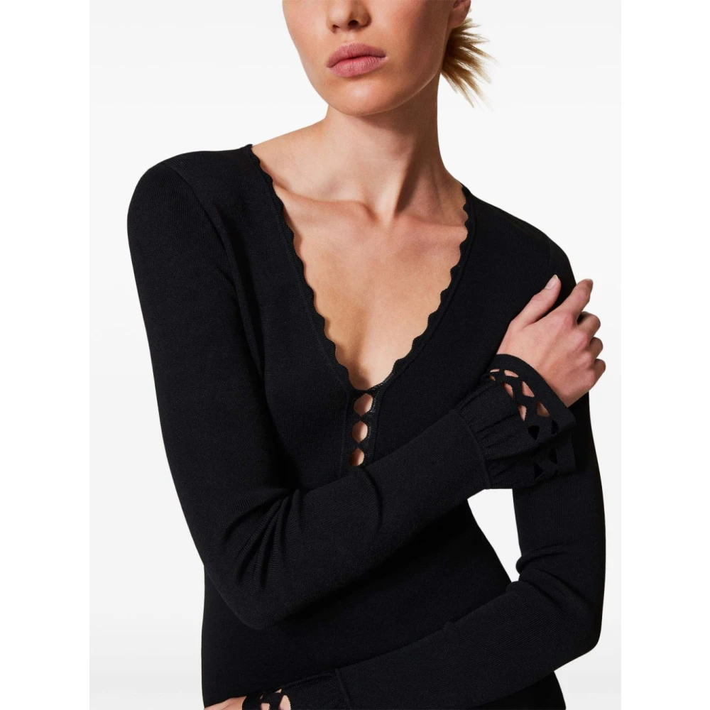Twinset Zwarte V-hals Jurk met Wijduitlopende Mouwen Black Dames