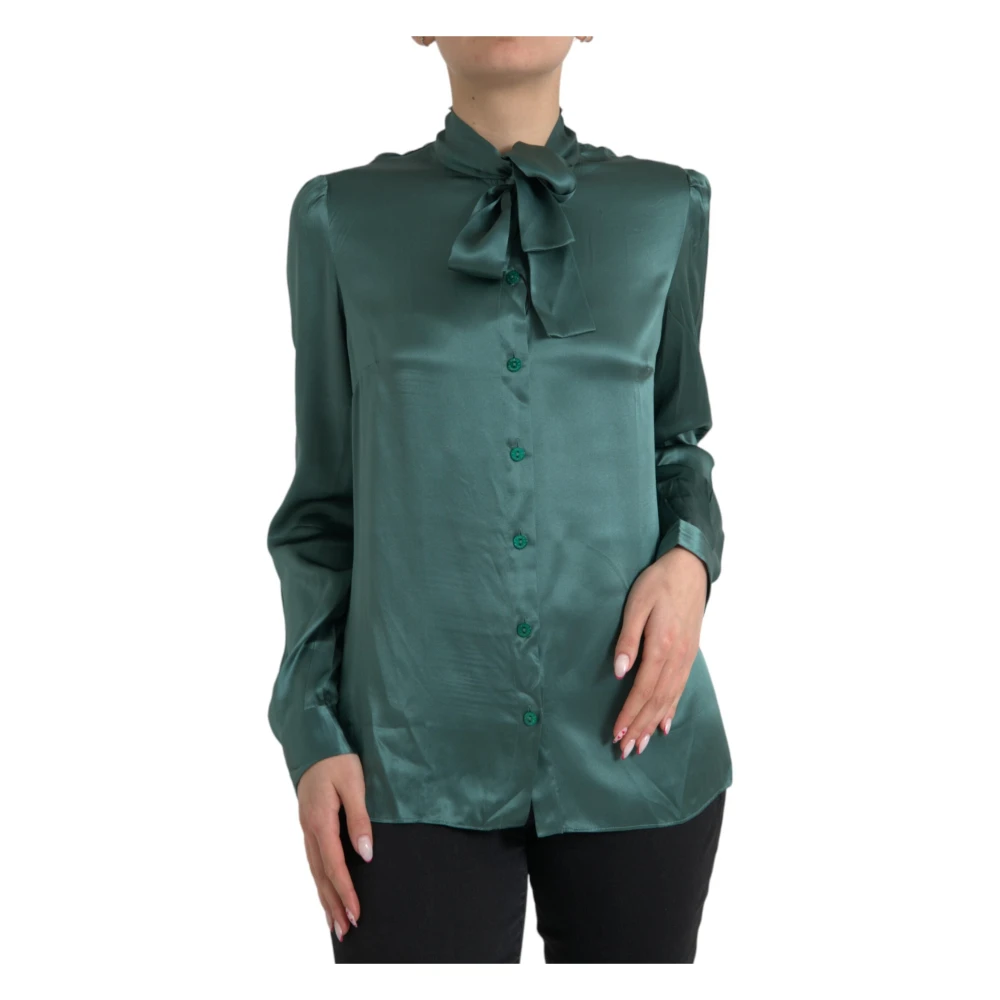 Dolce & Gabbana Blouses, Female, S, Luxury Dark Silk Blouse Top Green