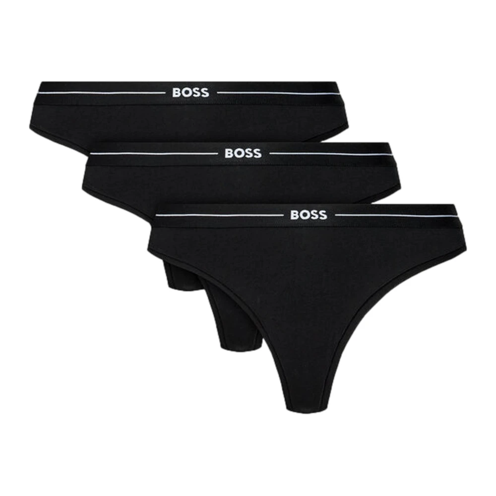 Hugo Boss 3P String Set Zwart Katoen Elastisch Logo Tailleband Black Dames