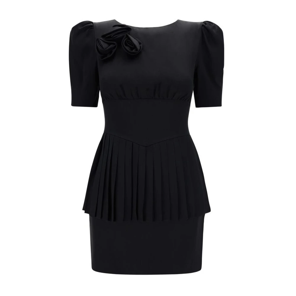Alessandra Rich Zijden Mini Jurk met 3D Roos Applicatie en Ruche Black Dames