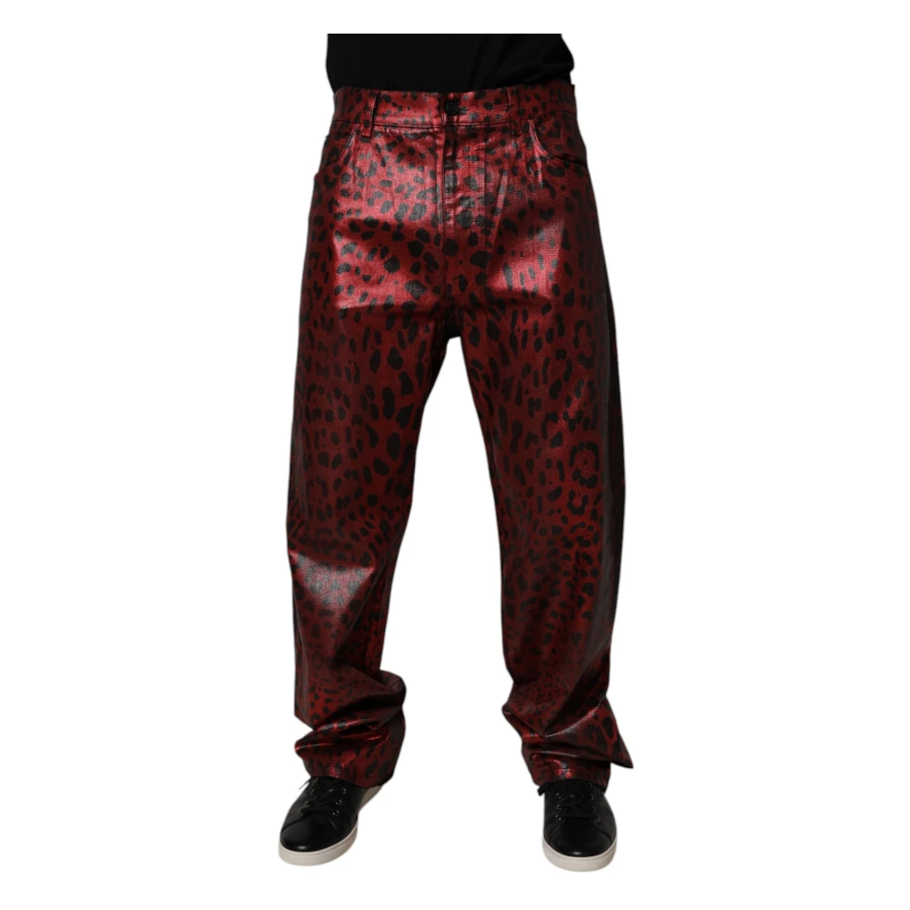 Dolce & Gabbana Mannelijk Rood Jeans Heren, M, Denim, Rode Luipaard Straight Denim Jeans