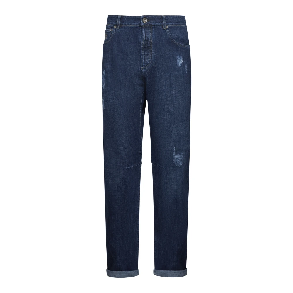 BRUNELLO CUCINELLI Blauwe Denim Straight-Leg Jeans met Rips Blue Heren