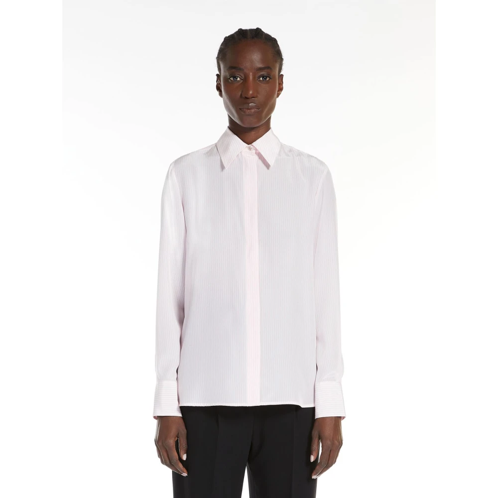 Max Mara Studio Gestreepte Crepe de Chine Blouse Pink Dames