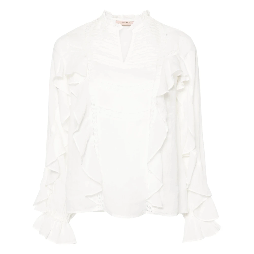 Twinset Beige Blouses, Female, S, Elegant Blue Lace Long Sleeve Shirt