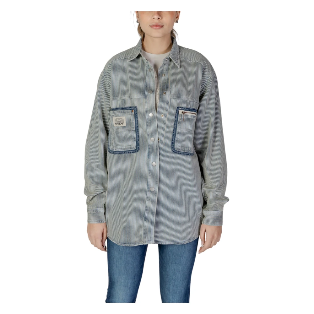 Replay Women's Blue Pinstripe Long Sleeve Cotton Shirt